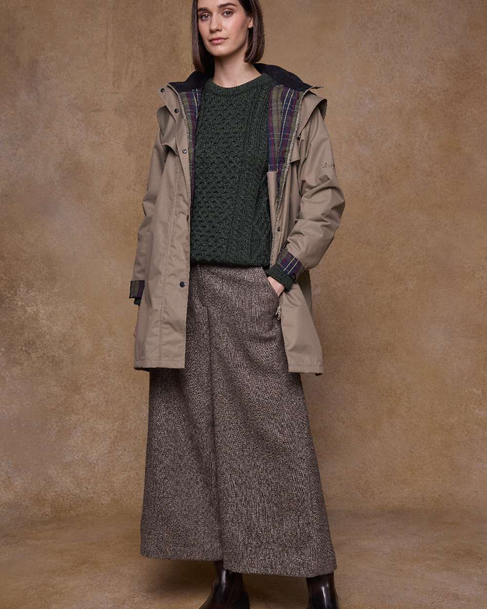 Chinchilla Coloured Jack Murphy Womens Dingle Waterproof Jacket on indoor background 