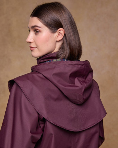 Deep Claret Coloured Jack Murphy Womens Dingle Waterproof Jacket on indoor background 