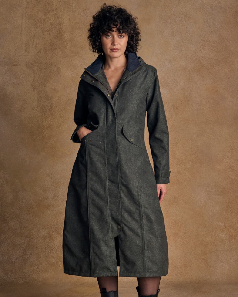 Green Fields Coloured Jack Murphy Womens Hannah Waterproof Coat on indoor background 