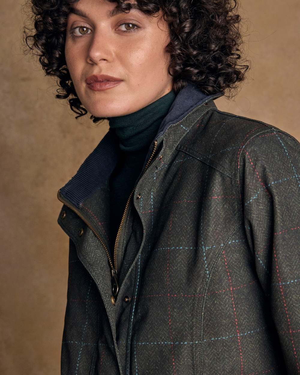Green Windowpane Coloured Jack Murphy Womens Hannah Waterproof Coat on indoor background 