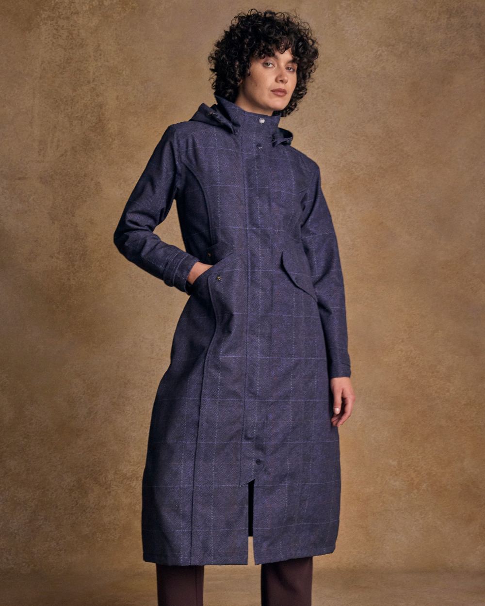 Navy Windowpane Coloured Jack Murphy Womens Hannah Waterproof Coat on indoor background 