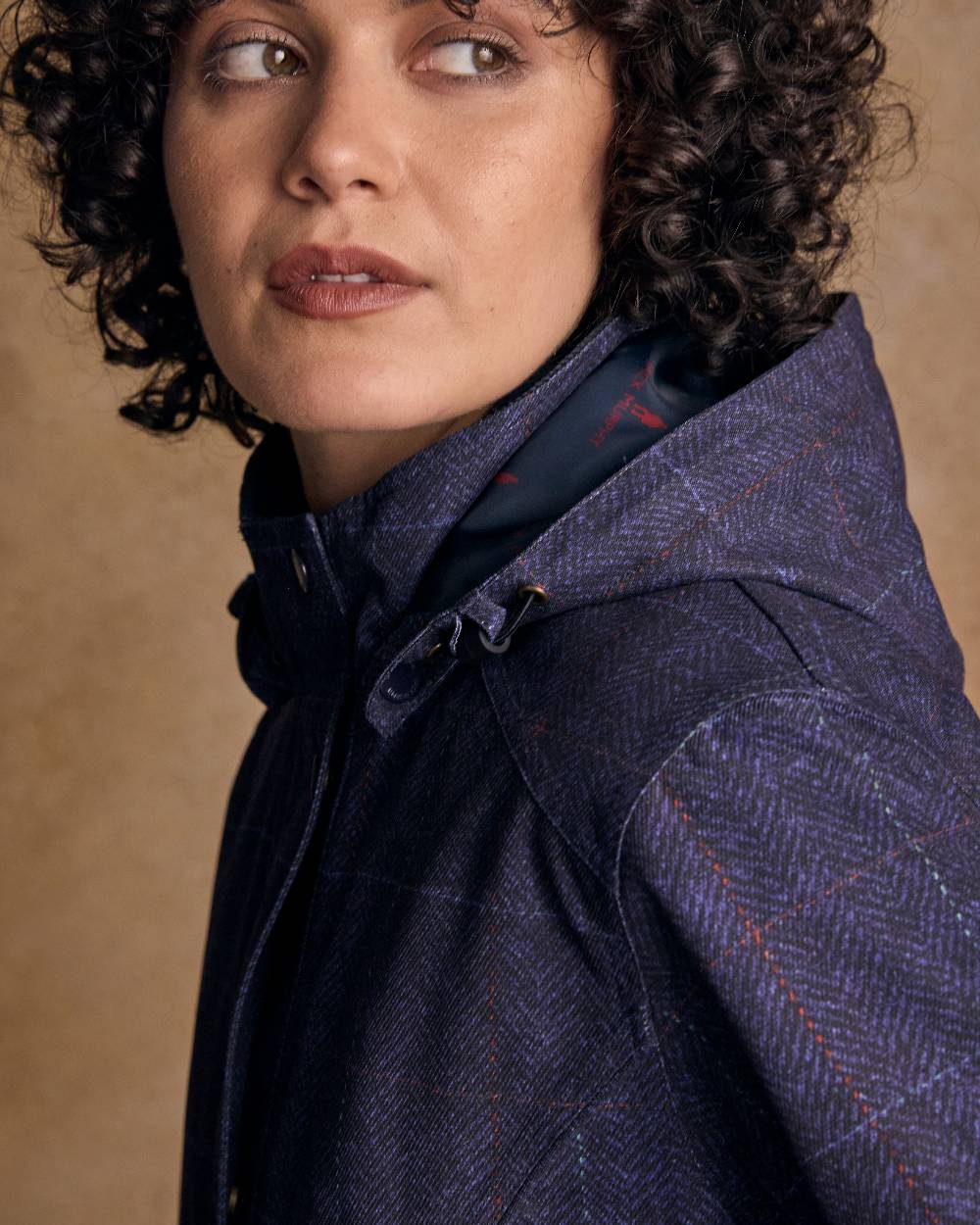 Navy Windowpane Coloured Jack Murphy Womens Hannah Waterproof Coat on indoor background 