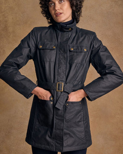 Navy Coloured Jack Murphy Womens Orla Wax Jacket on indoor background 
