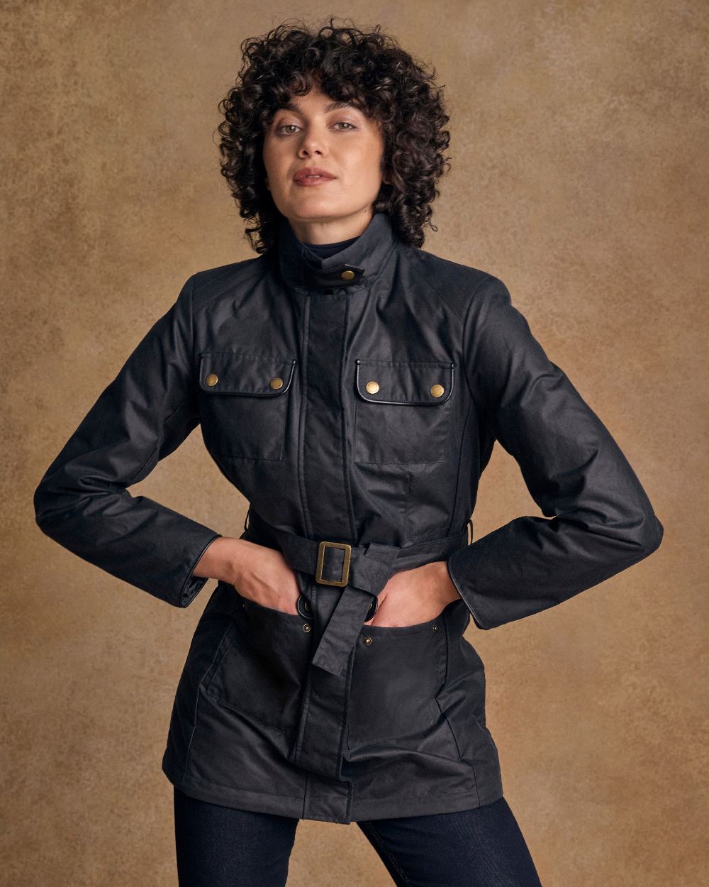 Navy Coloured Jack Murphy Womens Orla Wax Jacket on indoor background 