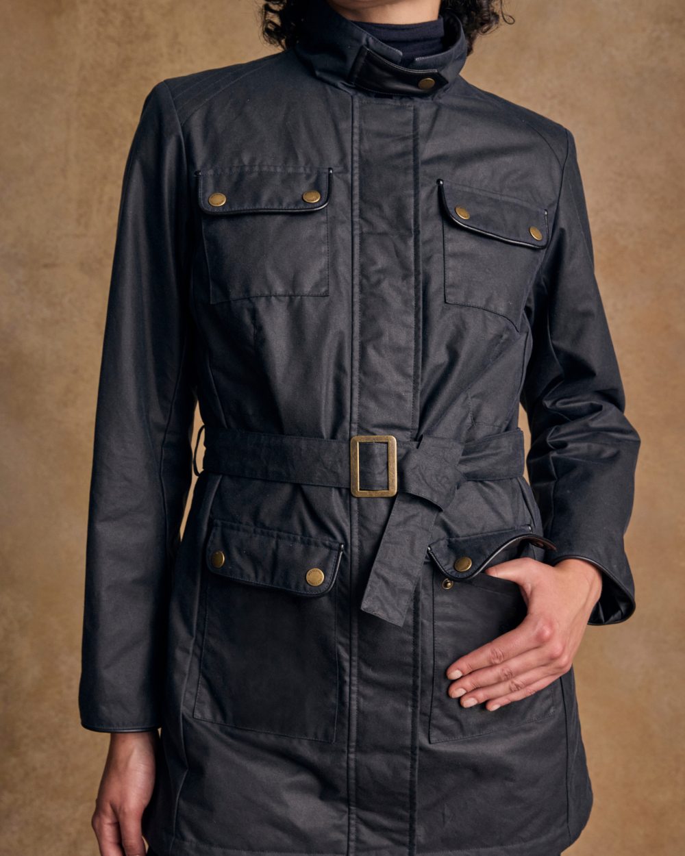 Navy Coloured Jack Murphy Womens Orla Wax Jacket on indoor background 