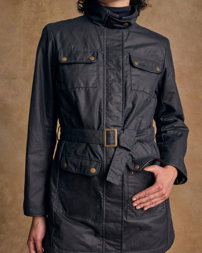Navy Coloured Jack Murphy Womens Orla Wax Jacket on indoor background 