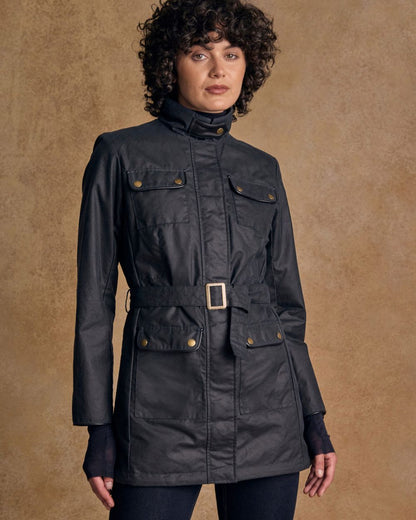 Navy Coloured Jack Murphy Womens Orla Wax Jacket on indoor background 