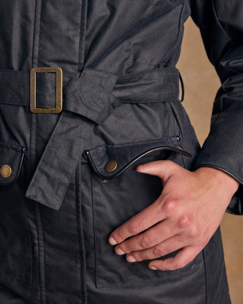 Navy Coloured Jack Murphy Womens Orla Wax Jacket on indoor background 