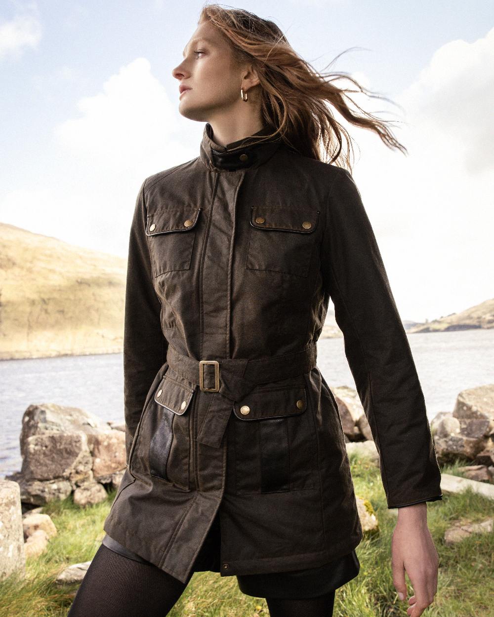 Olive Coloured Jack Murphy Womens Orla Wax Jacket on outdoor background 