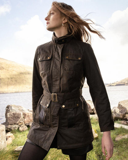 Olive Coloured Jack Murphy Womens Orla Wax Jacket on outdoor background 