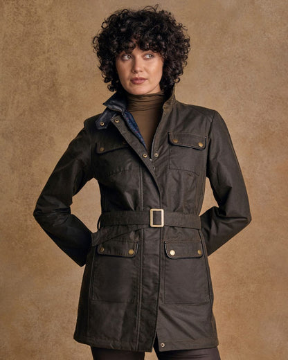 Olive Coloured Jack Murphy Womens Orla Wax Jacket on indoor background 