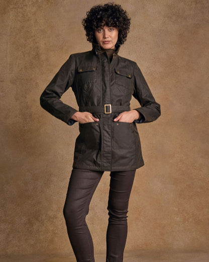 Olive Coloured Jack Murphy Womens Orla Wax Jacket on indoor background 