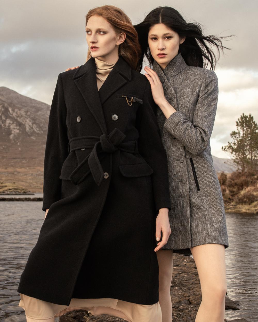 Denim Herringbone Coloured Jack Murphy Womens Robin Tweed Coat on outdoor background 