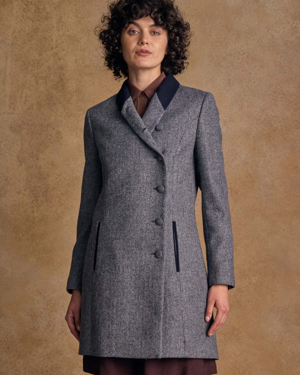 Denim Herringbone coloured Jack Murphy Womens Robin Tweed Coat on textured background 