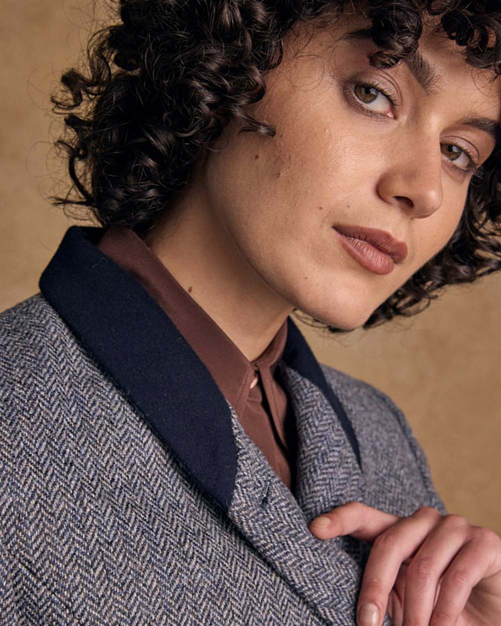 Denim Herringbone coloured Jack Murphy Womens Robin Tweed Coat on textured background 