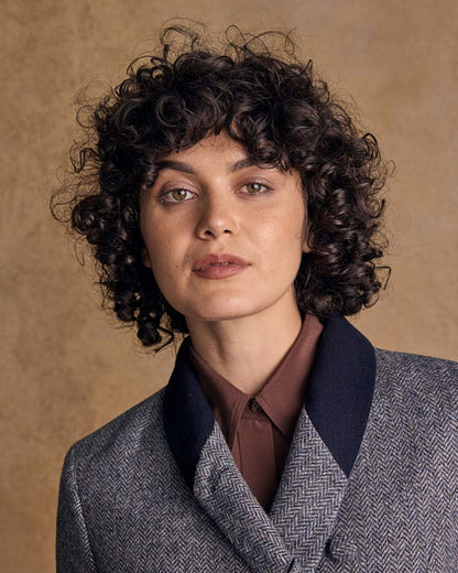 Denim Herringbone coloured Jack Murphy Womens Robin Tweed Coat on textured background 