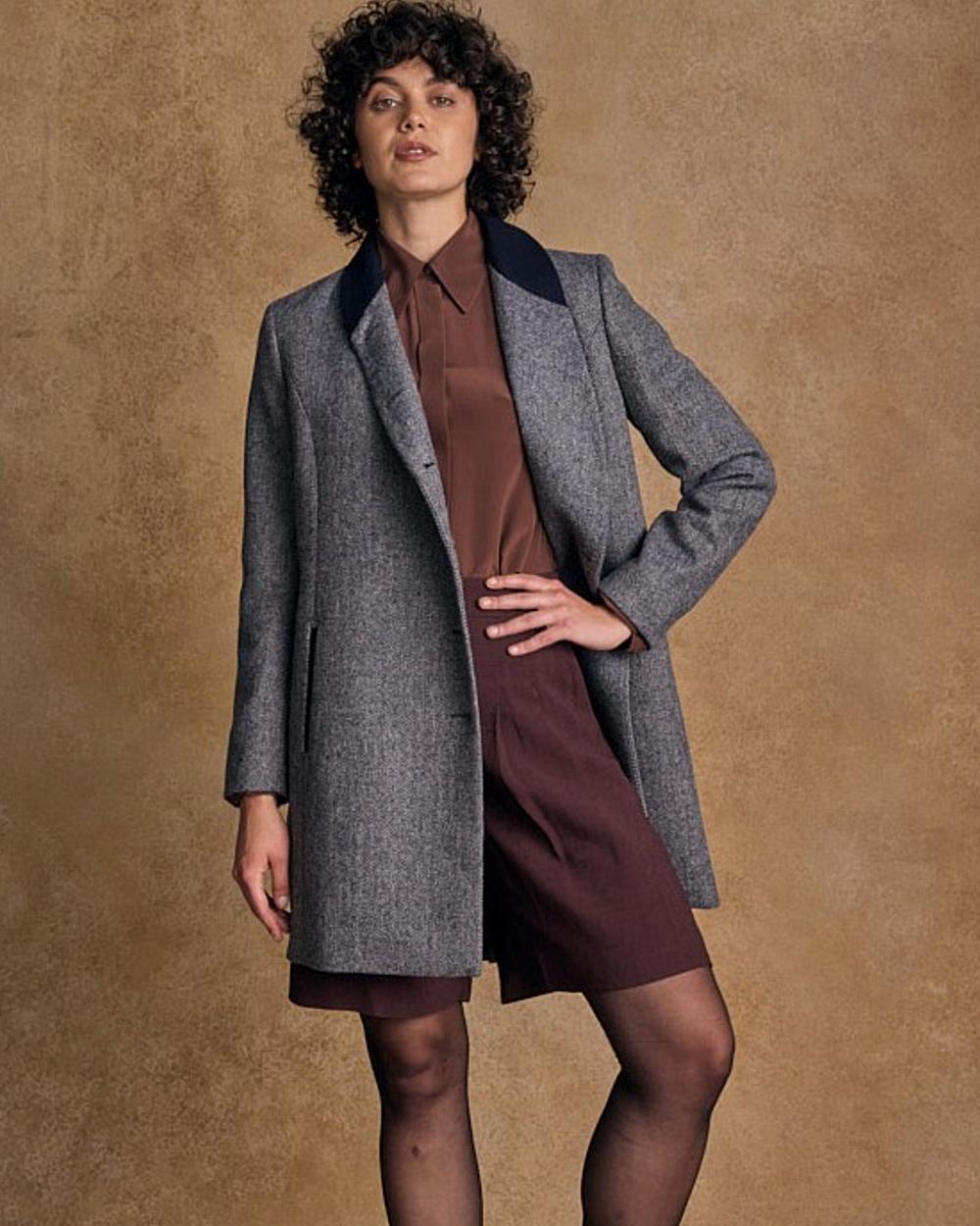 Denim Herringbone coloured Jack Murphy Womens Robin Tweed Coat on textured background 
