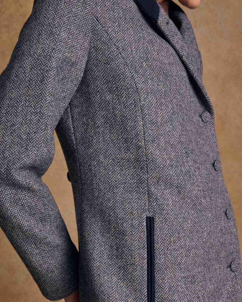 Denim Herringbone coloured Jack Murphy Womens Robin Tweed Coat on textured background 
