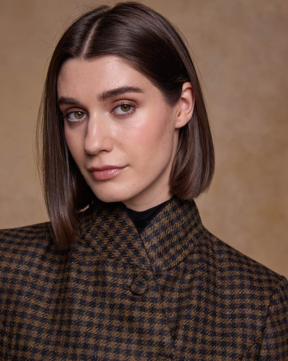 Earth Check coloured Jack Murphy Womens Robin Tweed Coat on textured background 