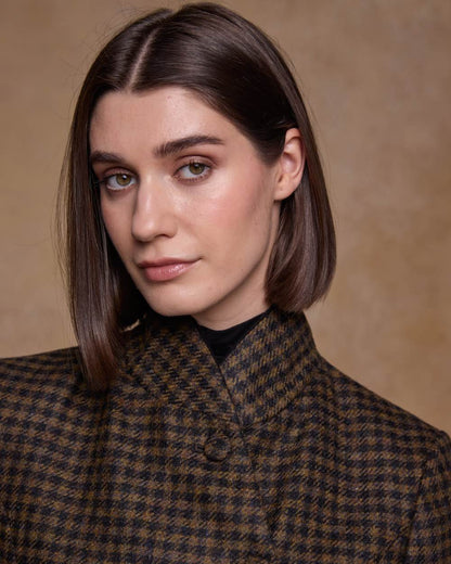 Earth Check coloured Jack Murphy Womens Robin Tweed Coat on textured background 