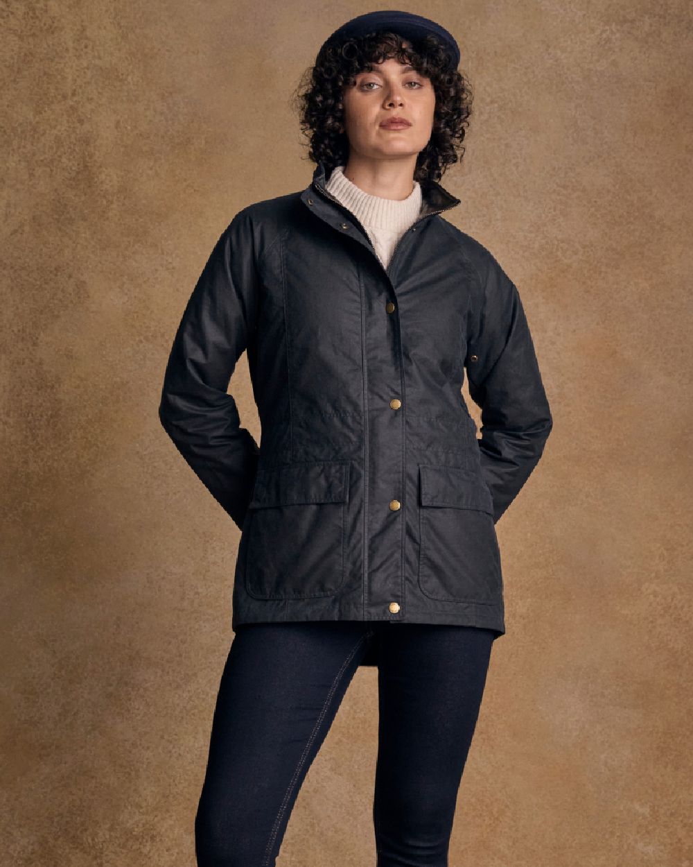Navy Coloured Jack Murphy Womens Sally Wax Jacket on indoor background 