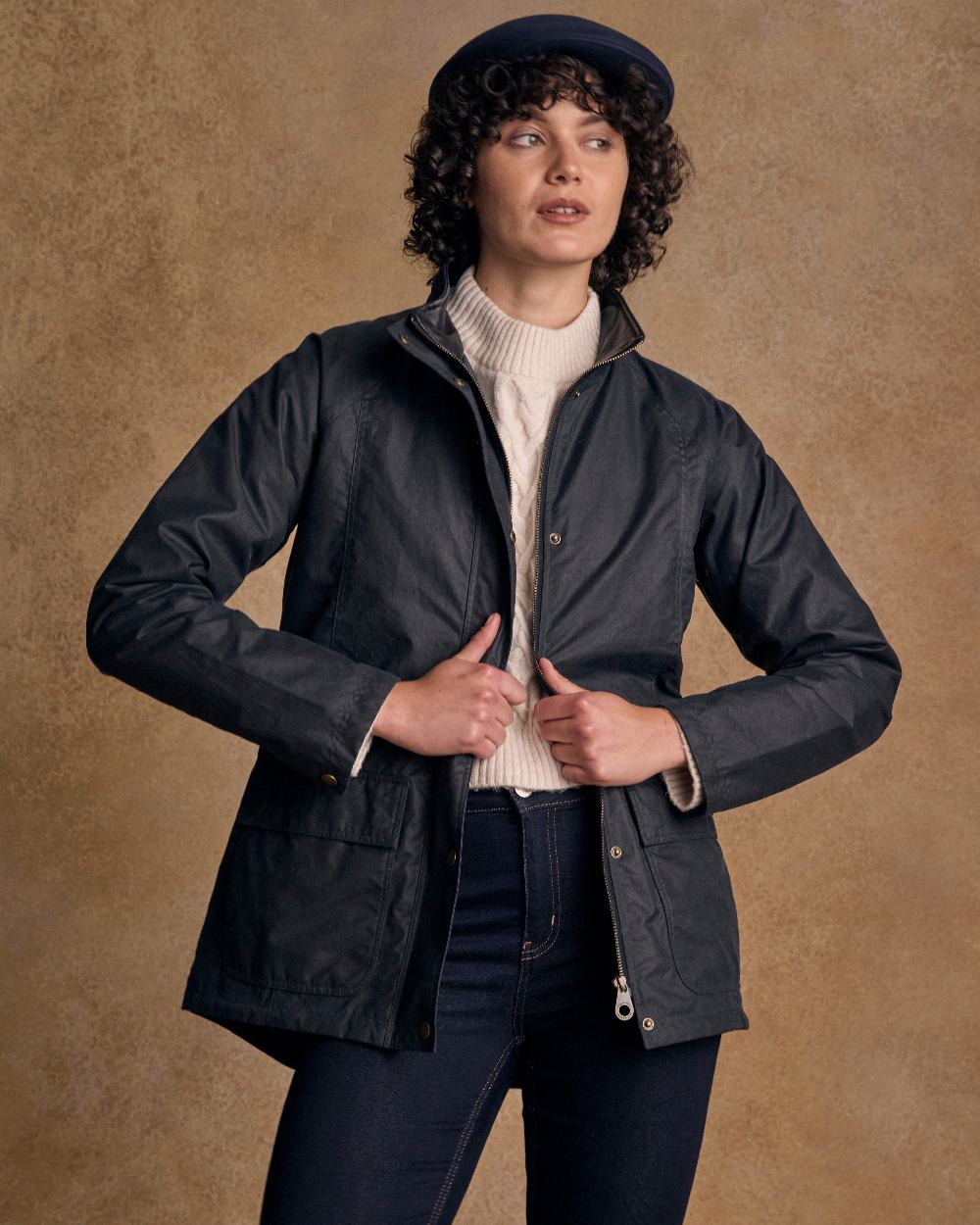 Navy Coloured Jack Murphy Womens Sally Wax Jacket on indoor background 