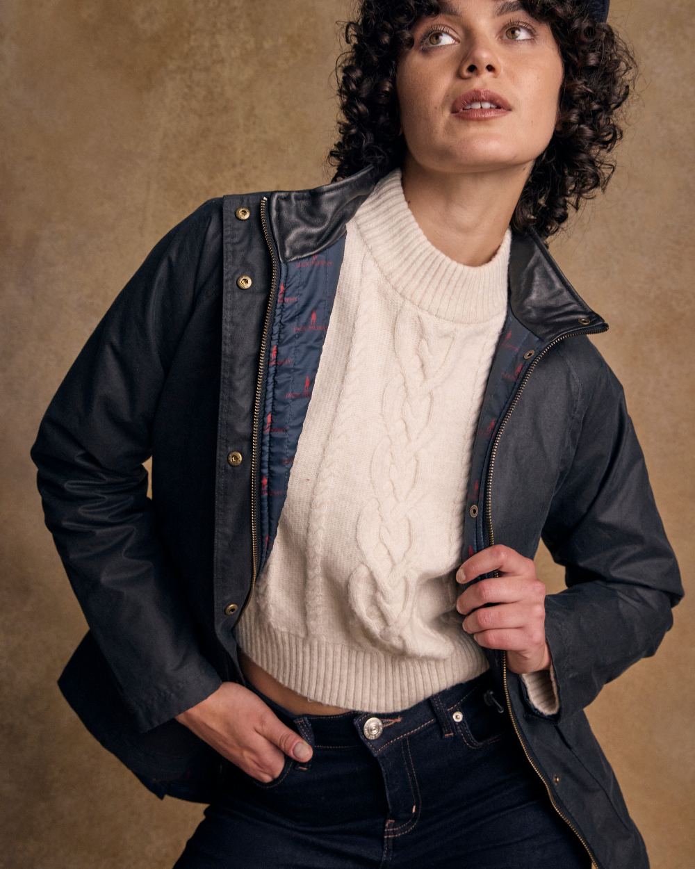 Navy Coloured Jack Murphy Womens Sally Wax Jacket on indoor background 