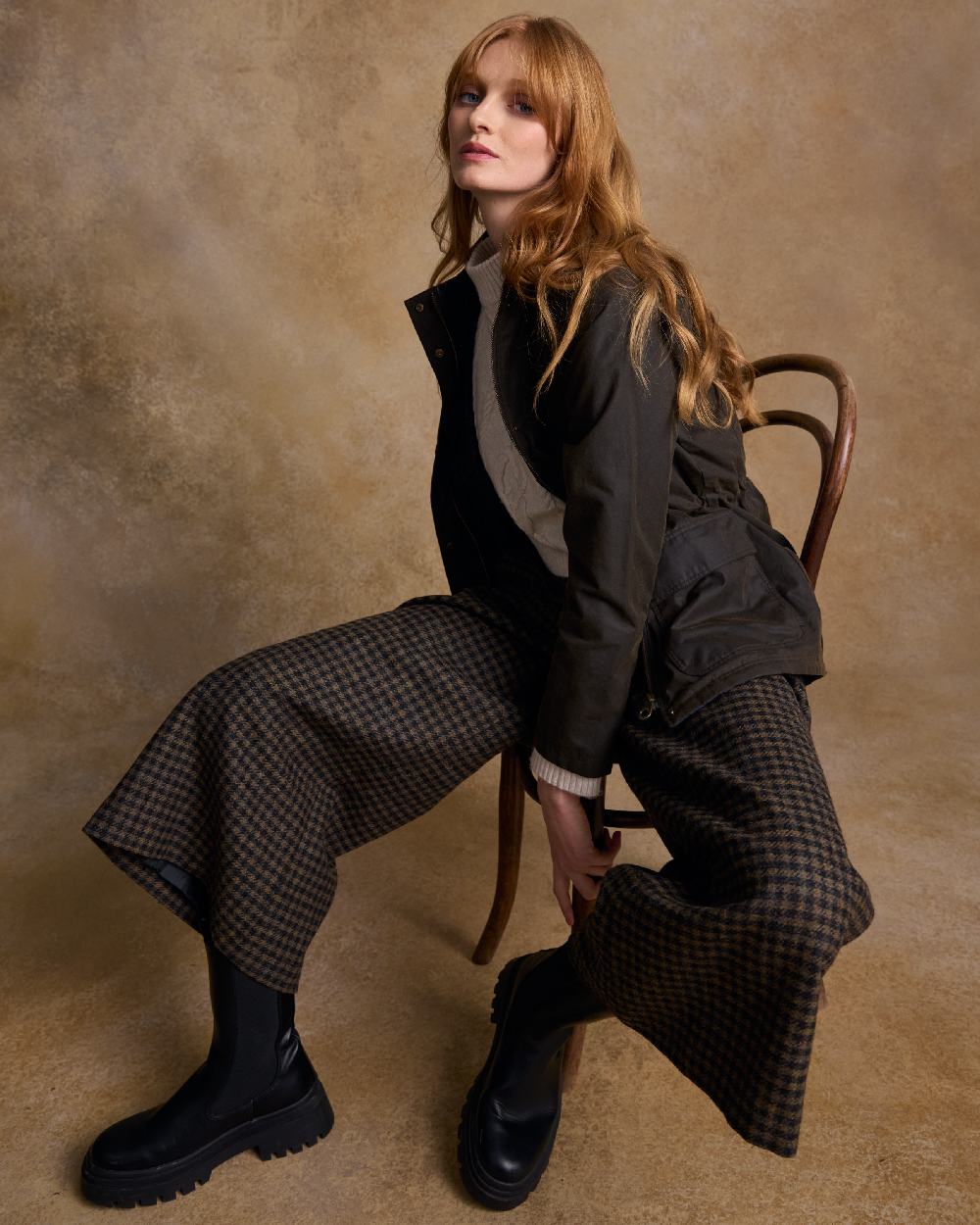 Olive Coloured Jack Murphy Womens Sally Wax Jacket on indoor background 