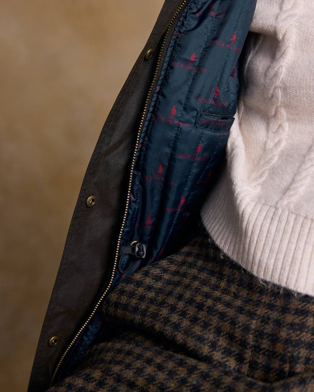 Olive Coloured Jack Murphy Womens Sally Wax Jacket on indoor background 