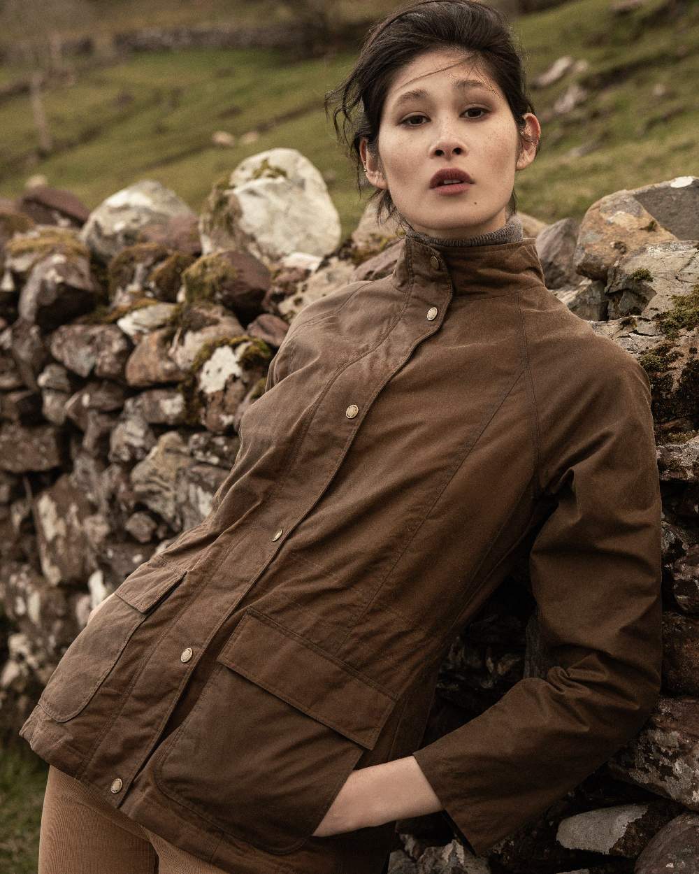 Tan Coloured Jack Murphy Womens Sally Wax Jacket on outdoor background 