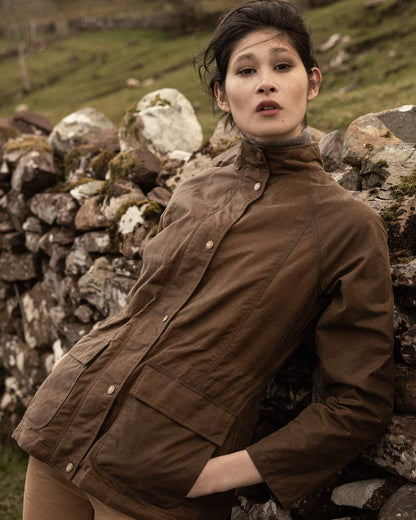 Tan Coloured Jack Murphy Womens Sally Wax Jacket on outdoor background 