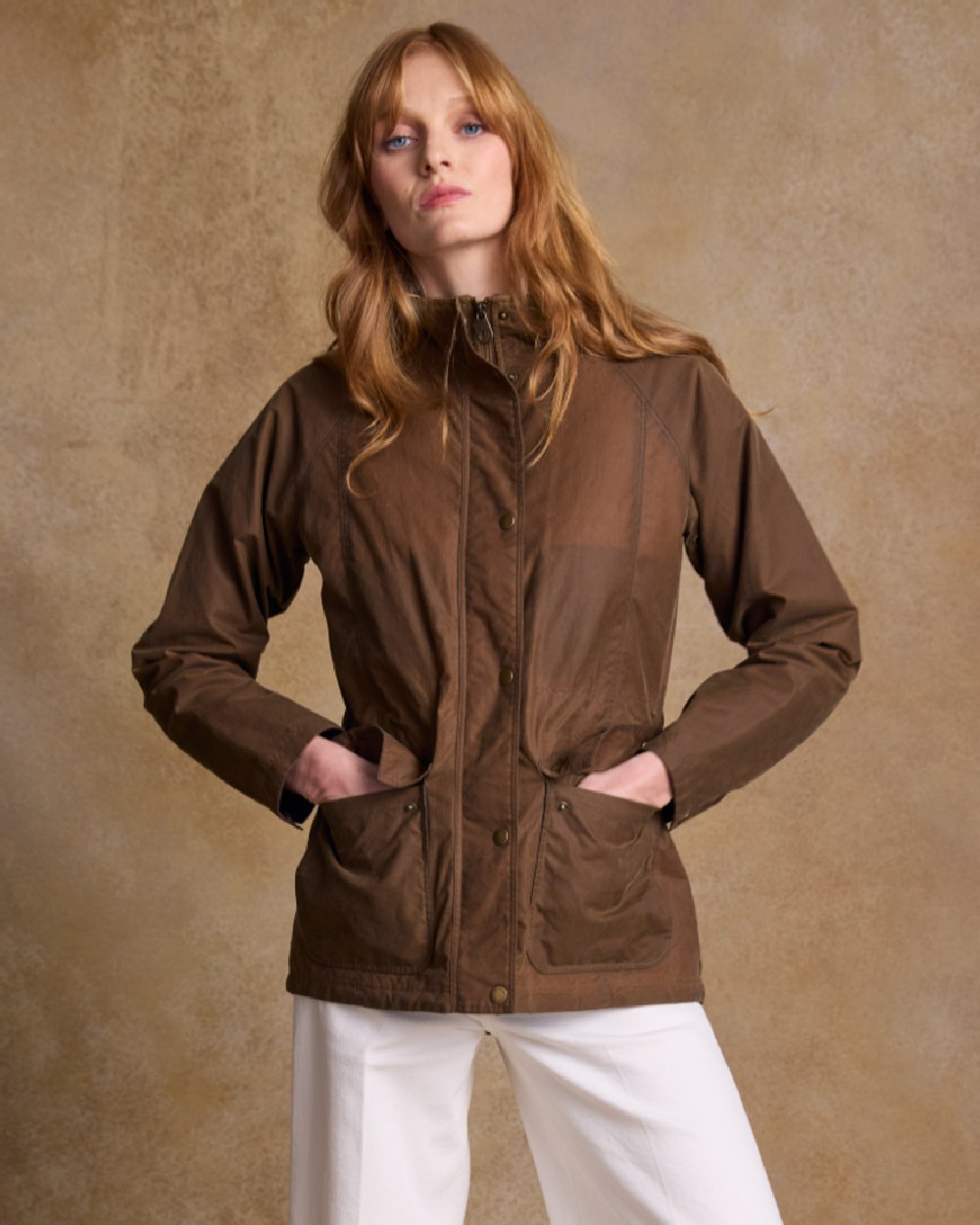 Tan Coloured Jack Murphy Womens Sally Wax Jacket on indoor background 