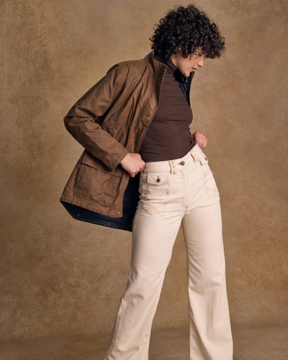 Tan Coloured Jack Murphy Womens Sally Wax Jacket on indoor background 