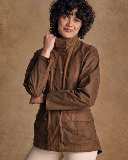 Tan Coloured Jack Murphy Womens Sally Wax Jacket on indoor background 