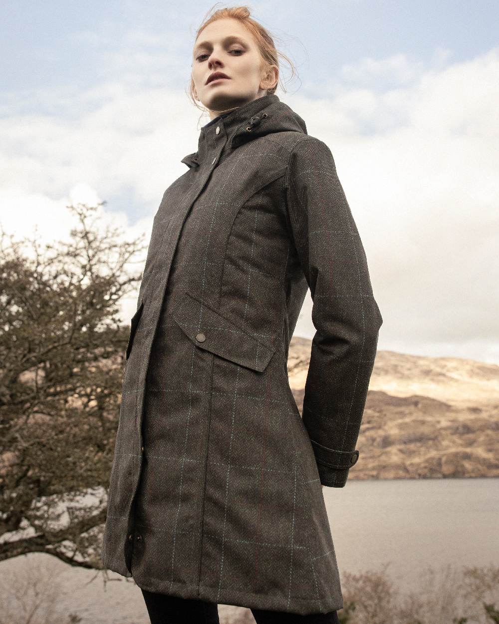 Digital Print Green Windowpane Coloured Jack Murphy Womens Sophia Waterproof Jacket on outdoor background 