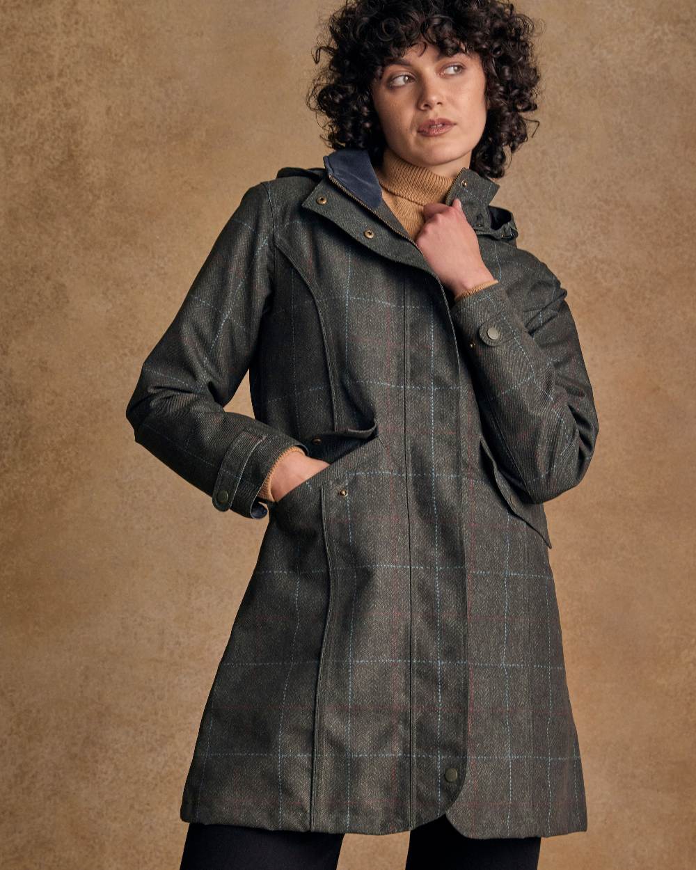 Digital Print Green Windowpane Coloured Jack Murphy Womens Sophia Waterproof Jacket on indoor background 