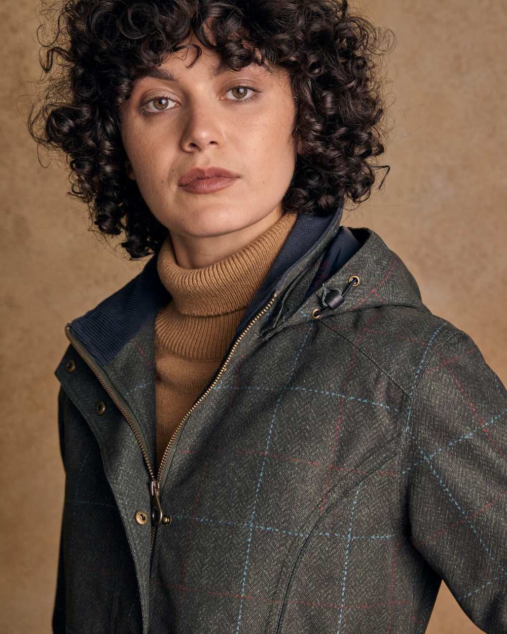 Digital Print Green Windowpane Coloured Jack Murphy Womens Sophia Waterproof Jacket on indoor background 