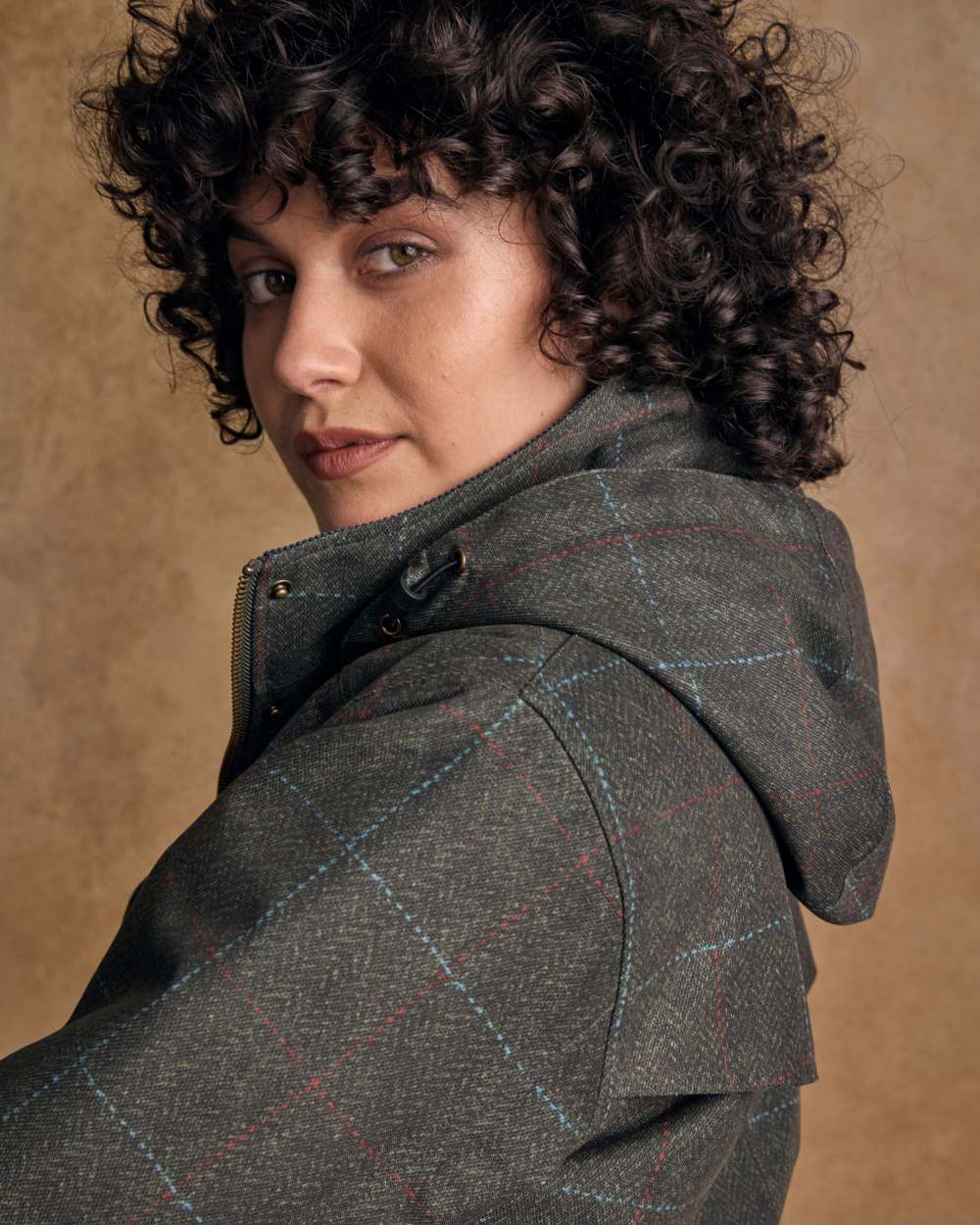 Digital Print Green Windowpane Coloured Jack Murphy Womens Sophia Waterproof Jacket on indoor background 