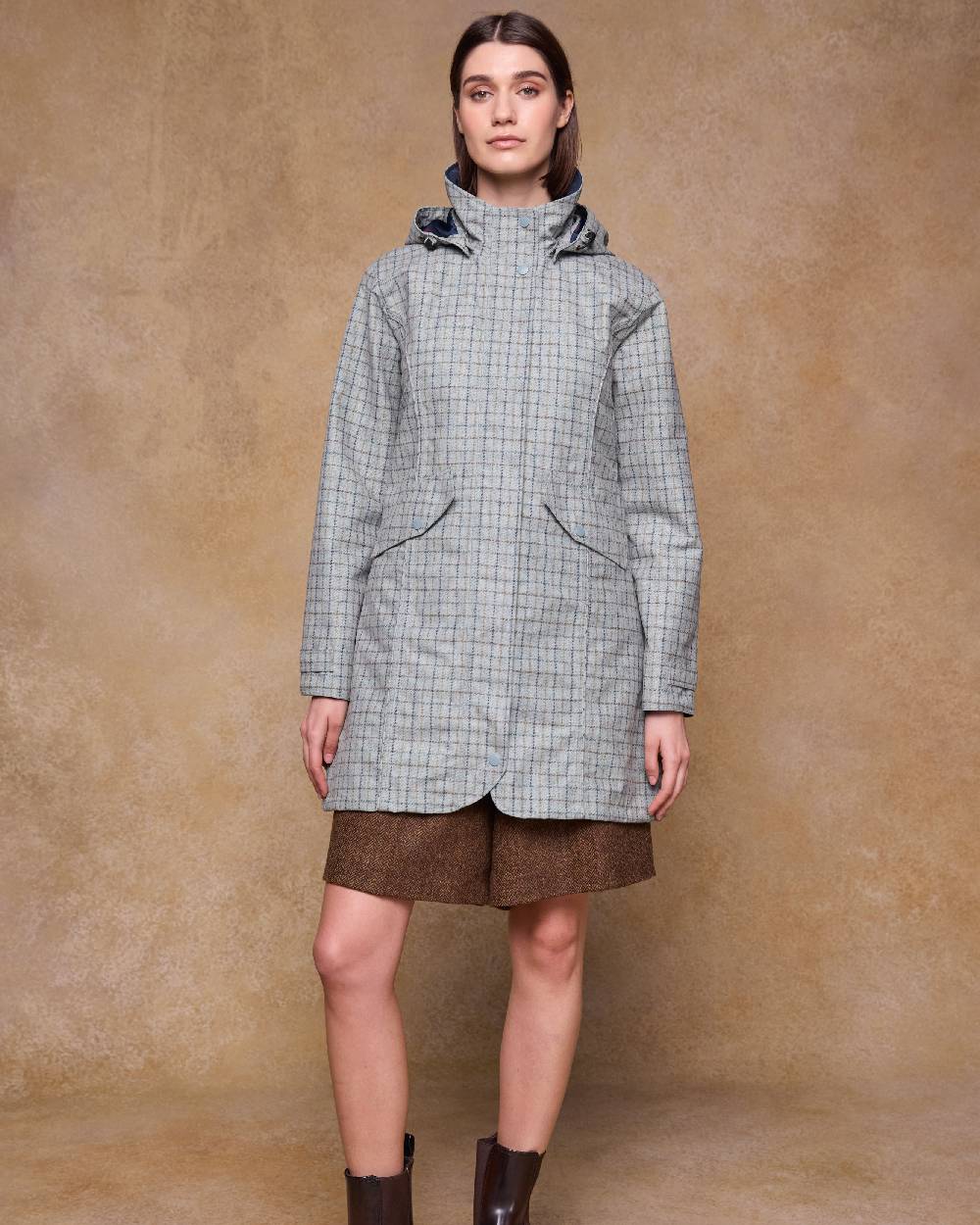 Digital Print Jade Check Coloured Jack Murphy Womens Sophia Waterproof Jacket on indoor background 