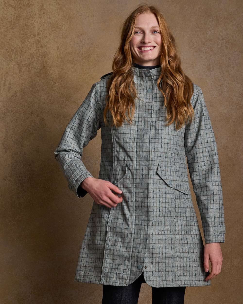Digital Print Jade Check Coloured Jack Murphy Womens Sophia Waterproof Jacket on indoor background 