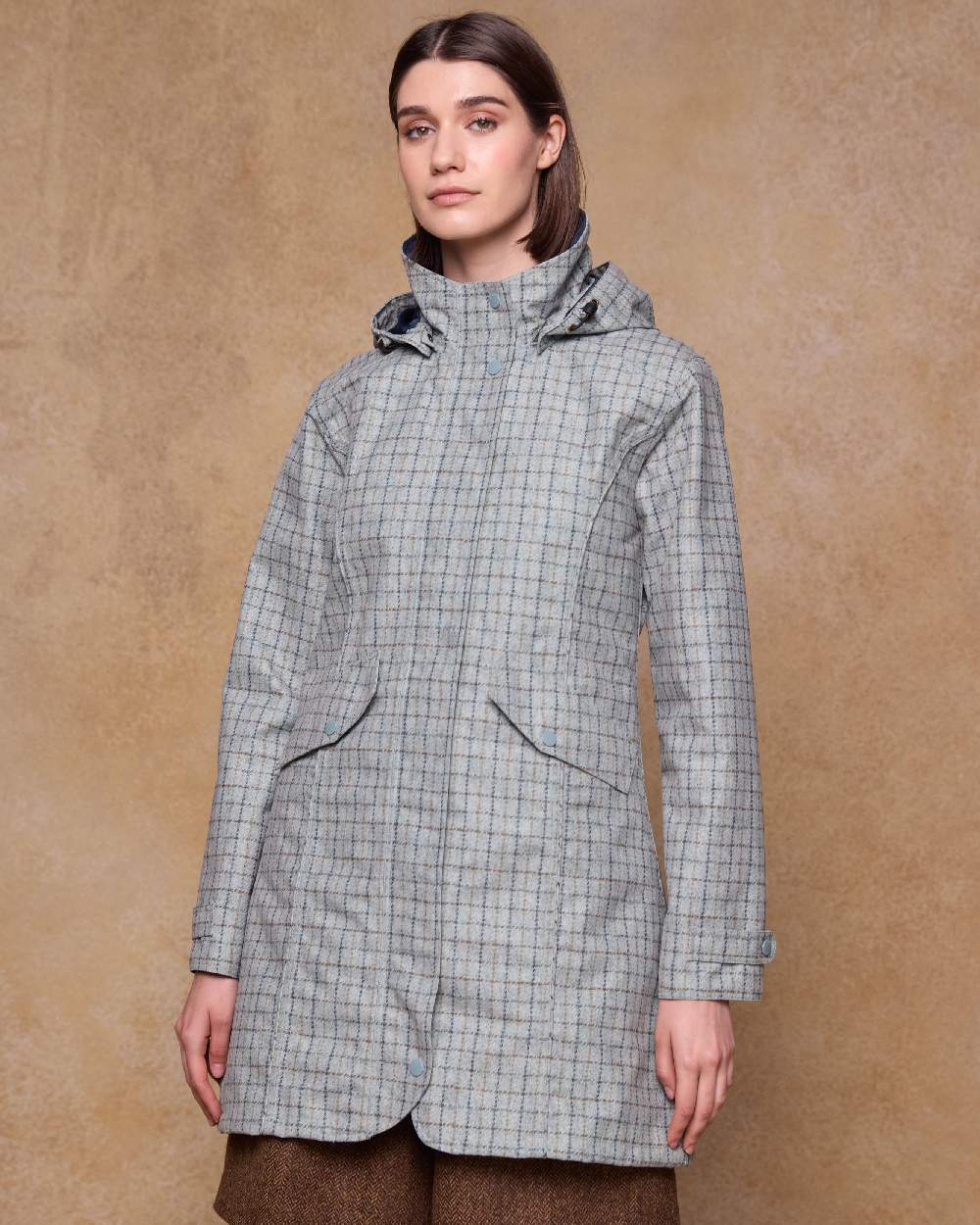 Digital Print Jade Check Coloured Jack Murphy Womens Sophia Waterproof Jacket on indoor background 