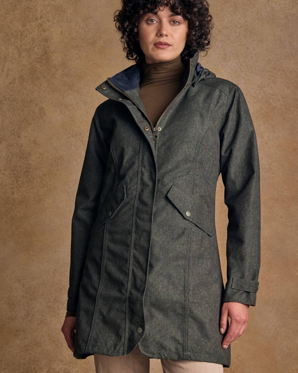 Green Fields Digital Print Coloured Jack Murphy Womens Sophia Waterproof Jacket on indoor background 