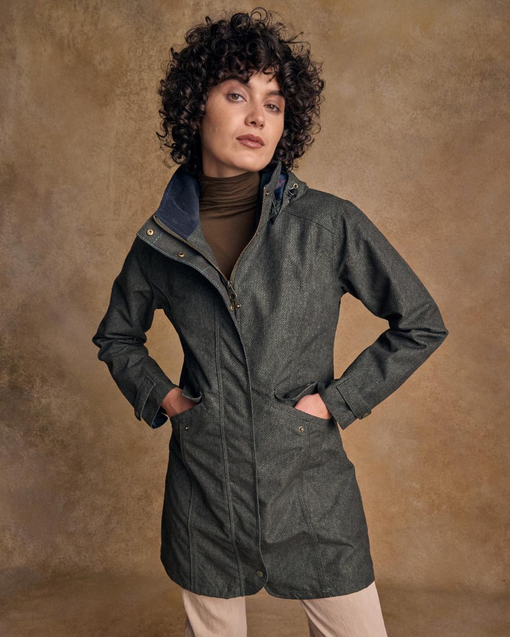 Green Fields Digital Print Coloured Jack Murphy Womens Sophia Waterproof Jacket on indoor background 