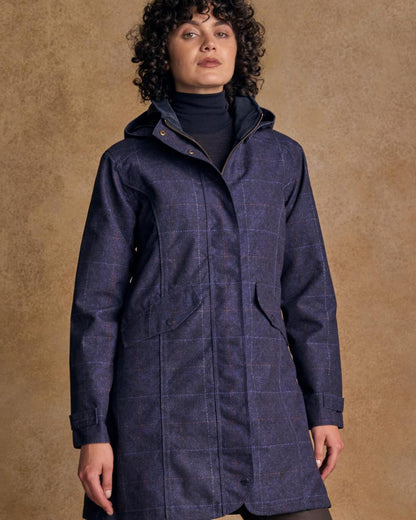 Navy Windowpane Digital Print coloured Jack Murphy Womens Sophia Waterproof Jacket on textured background 