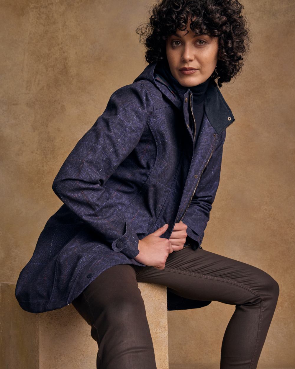 Navy Windowpane Digital Print coloured Jack Murphy Womens Sophia Waterproof Jacket on textured background 