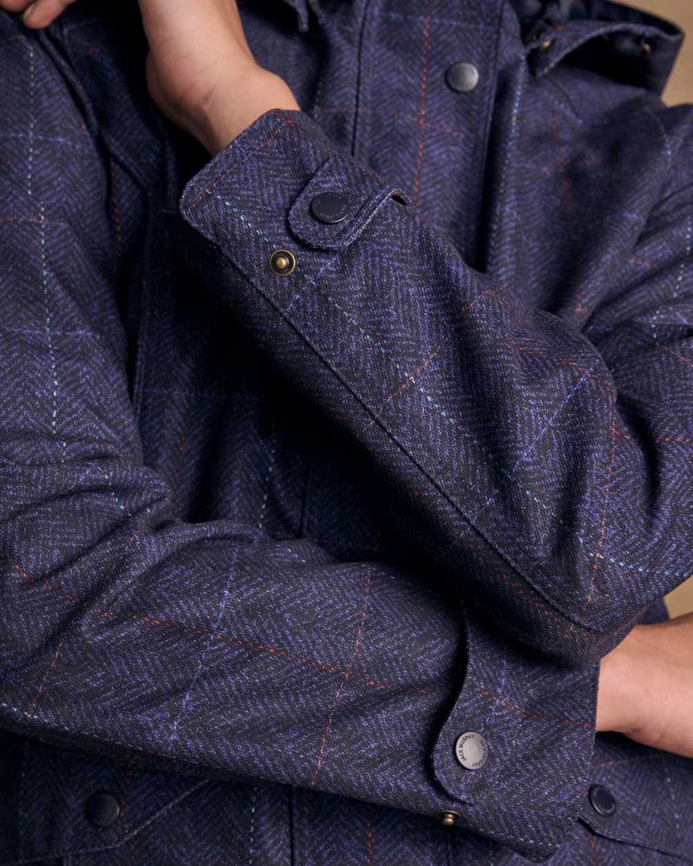 Navy Windowpane Digital Print coloured Jack Murphy Womens Sophia Waterproof Jacket on textured background 