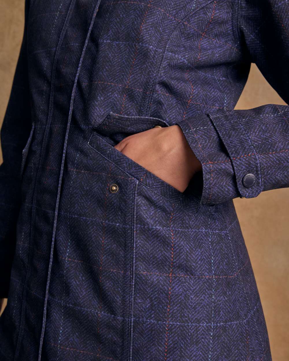 Navy Windowpane Digital Print coloured Jack Murphy Womens Sophia Waterproof Jacket on textured background 