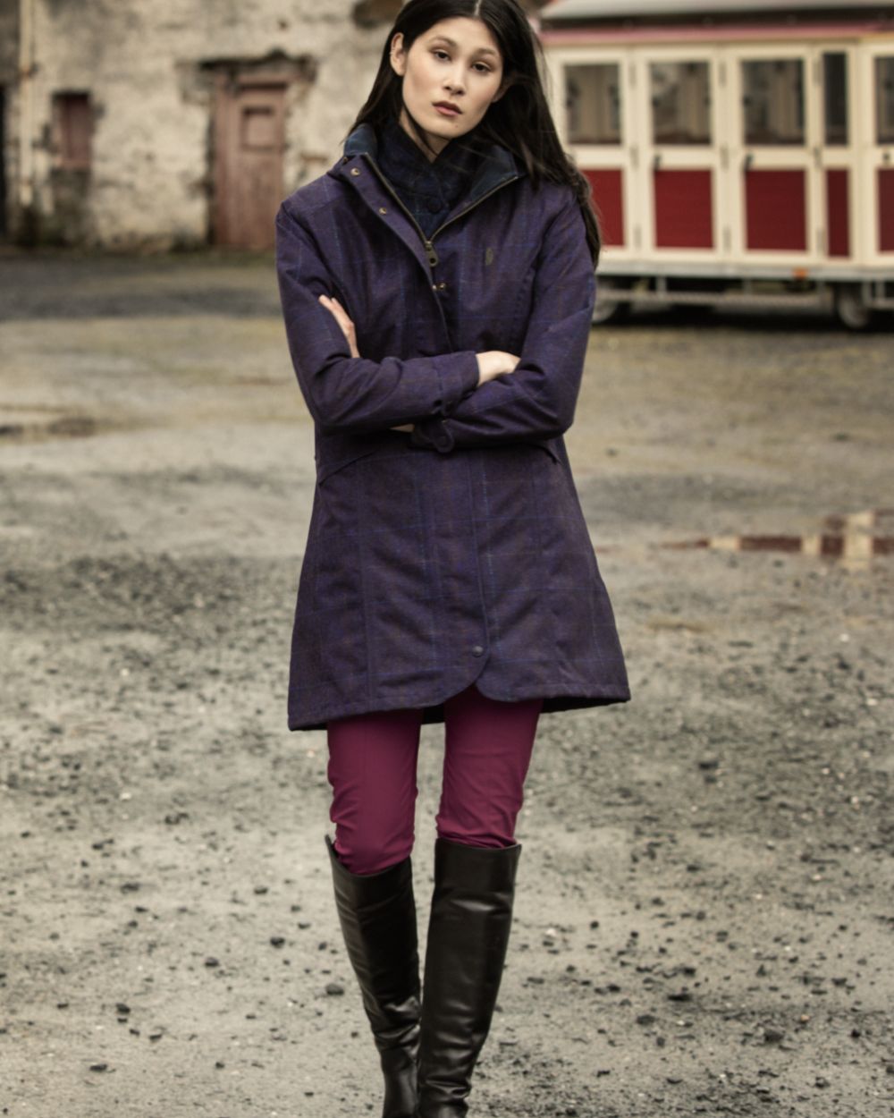 Navy Windowpane Digital Print coloured Jack Murphy Womens Sophia Waterproof Jacket on outdoor background 