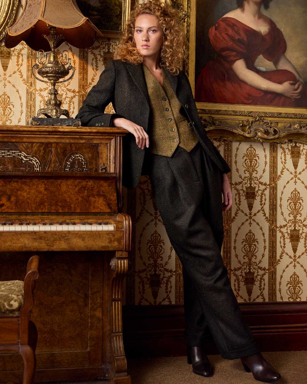 Deep Green Herringbone coloured Jack Murphy Womens Tara Tweed Hacking Jacket on indoor background 