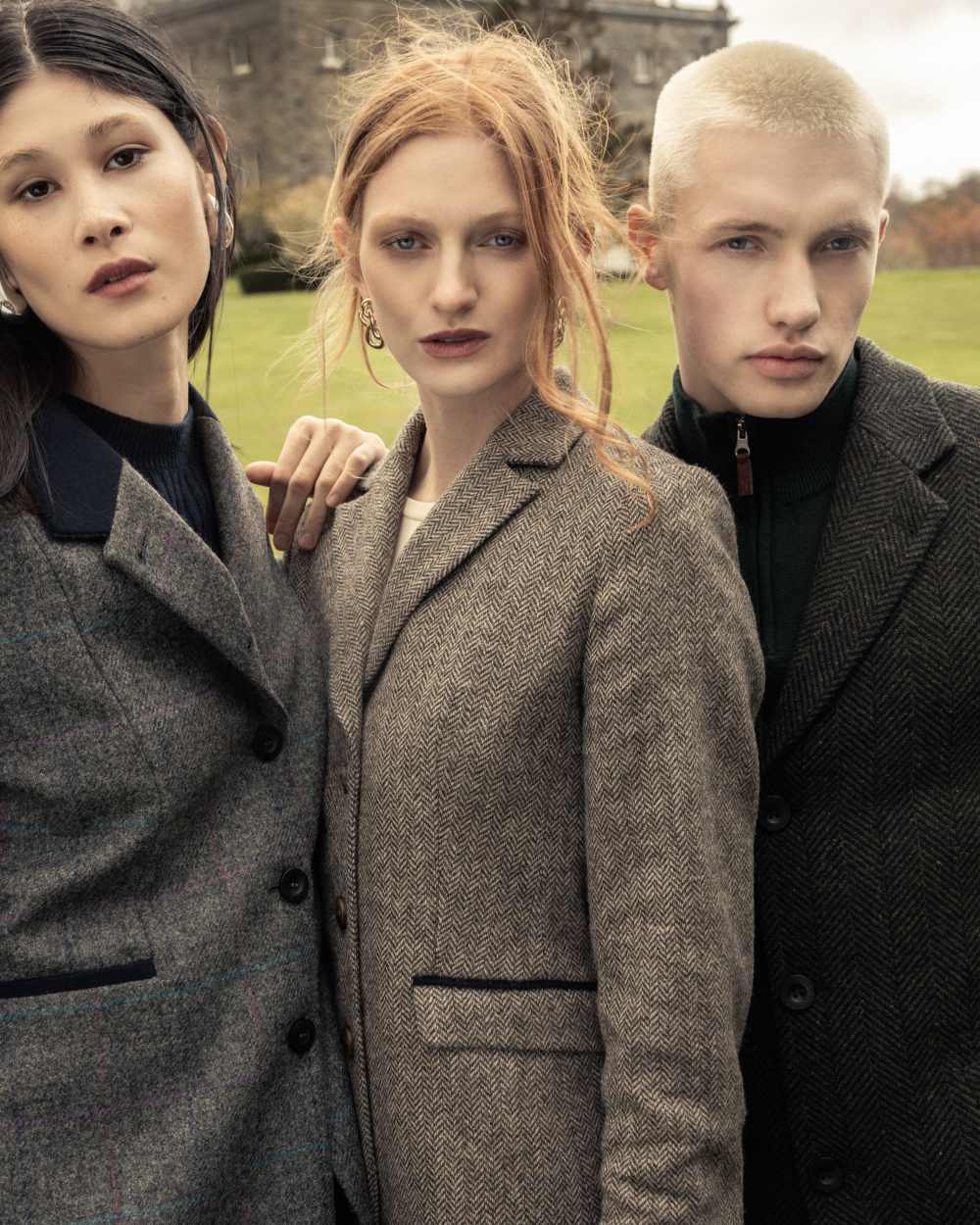Light Tan Herringbone coloured Jack Murphy Womens Tara Tweed Hacking Jacket on outdoor background 
